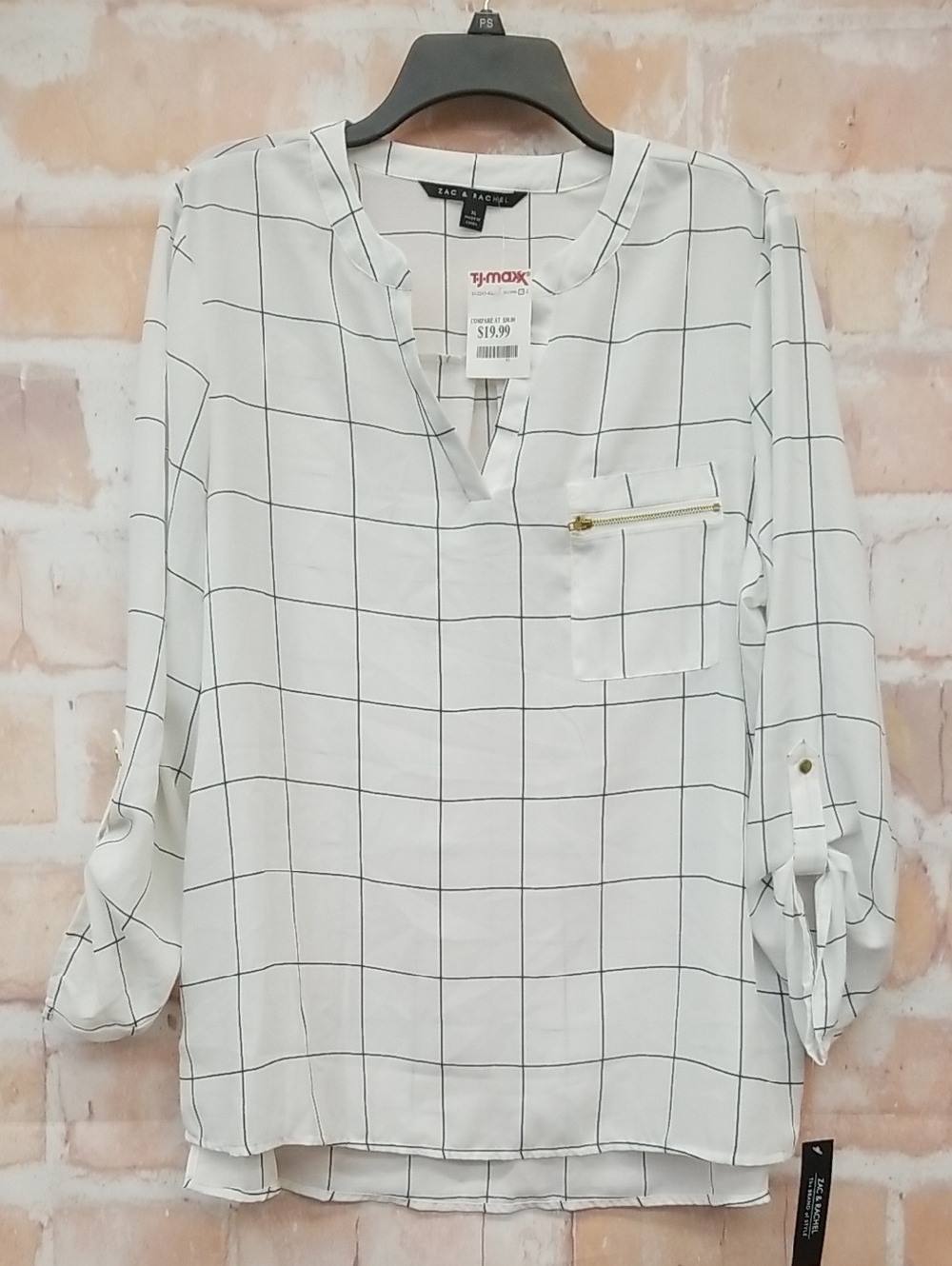 Womens Zac & Rachel White Windowpane V-Neck Blouse